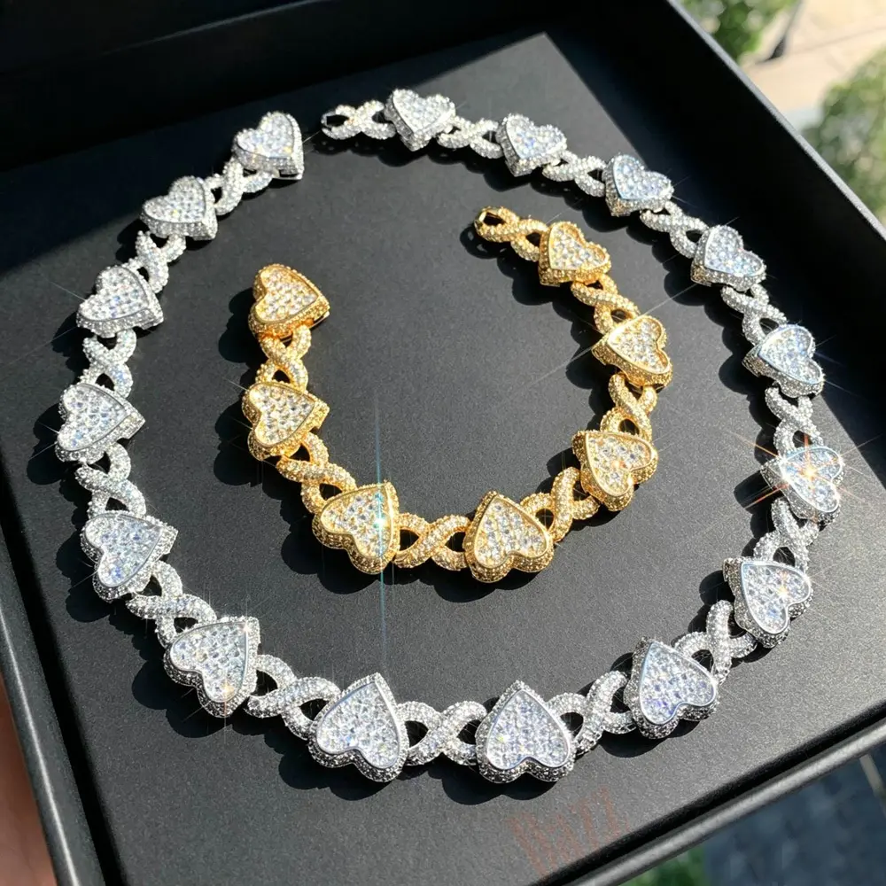 QUEENDO new hip-hop heart-shaped infinity Cuban chain bracelet with zircon 8-shaped heart necklace gf gift non tarnish jewelry funky unique accessoriesnon tarnish jewelry funky unique accessories gifts for women