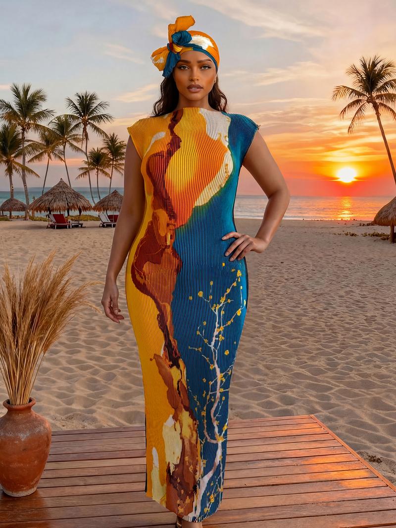 Women's Elegant Slim Fit Long Dress Set, Moo Moo Horse Riding Printed Robe Shawl + Silk Scarf, Beach Sun Protection, All Seasons