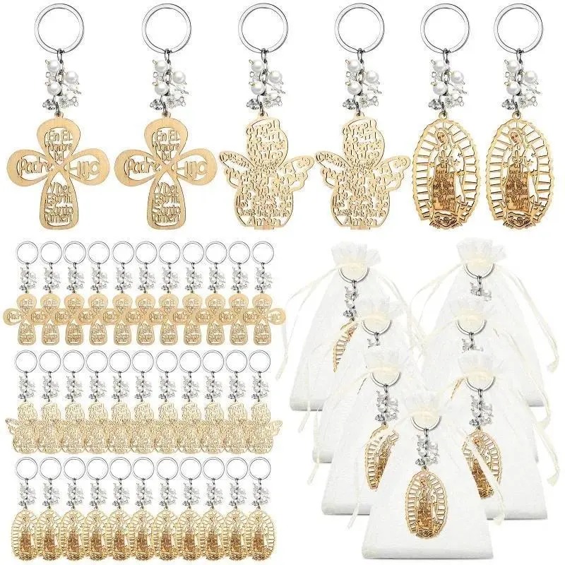 10pcs Baptism Favors Guests Cross Wooden Keychain Organza Bags Baby Shower Birthday Gifts Key Chain Christening Wedding Party