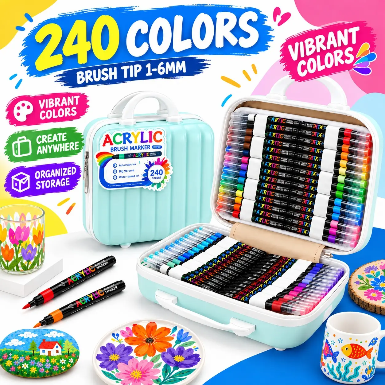 240Colors Acrylic Paint Marker Pen Set, Art tools,Suitable For Painting,Doodling,Illustration,For Coloring Books And Other DIY Projects,Applicable To Paper, Fabric,Canvas, Wood,Rock,Plastic,Glass,Ceramic,Easter, Thanksgiving, Halloween, Christmas Gift