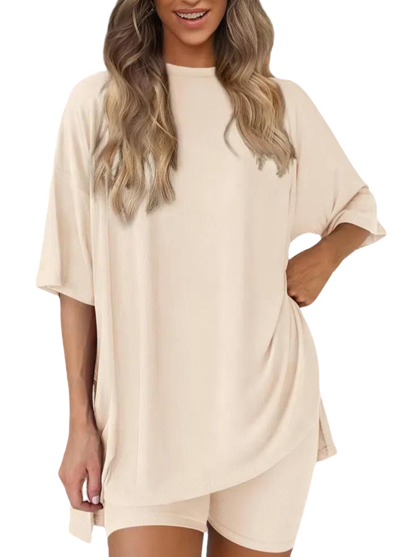 Women's Solid Color T-Shirt and Tight Shorts Lounge Set, Leisure Wear Top, Casual Comfortable Round Neck Sleepwear for Summer, Features Pockets and Suitable for Outdoor Wear