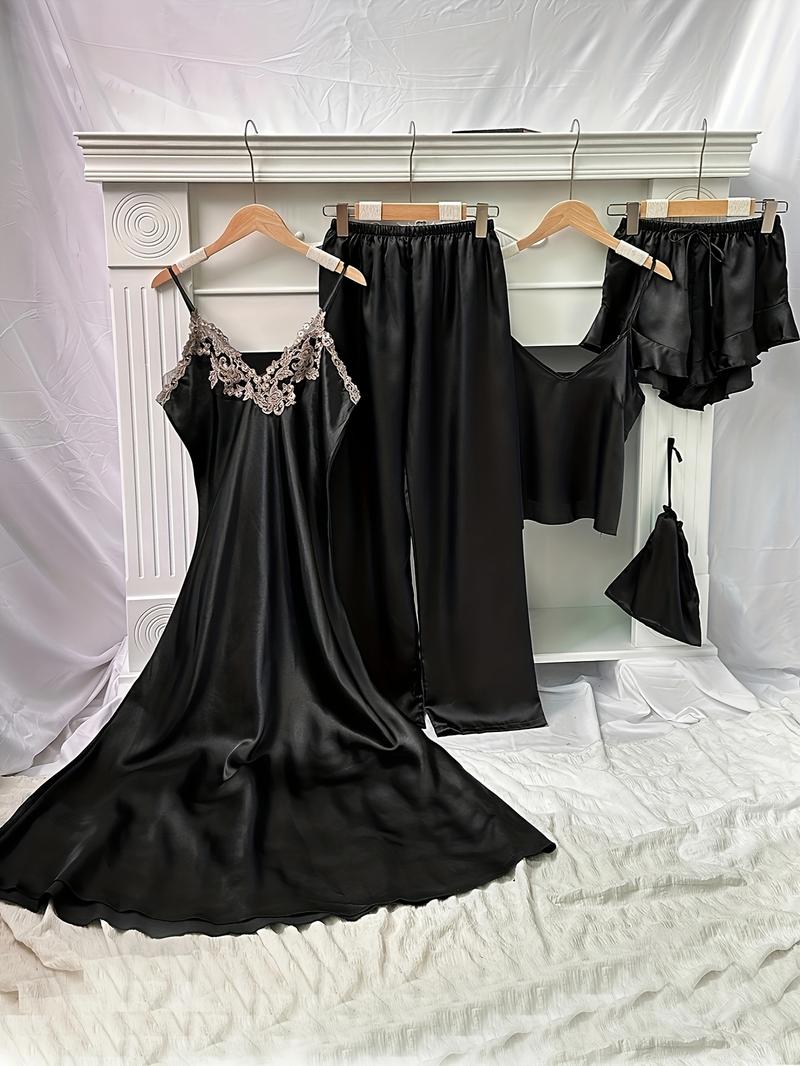 Women's Soft Satin Pyjama Set, Contrast Lace Cami Nightdress & Backless Cami Top & Tie Front Ruffle Hem Shorts & Pants & Storage Bag, Ladies Summer Outfits 2024