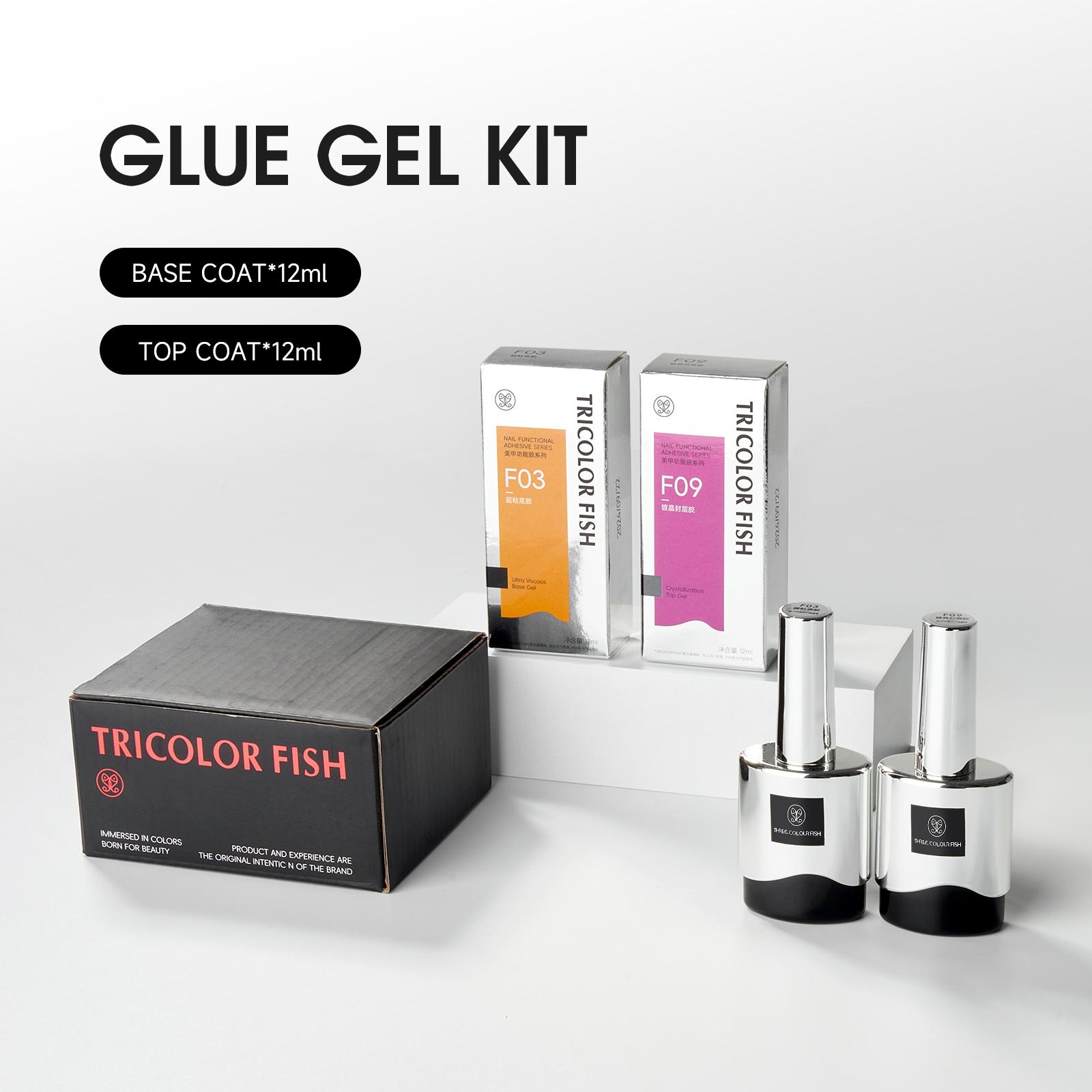 THREE COLOUR FISH Top Coat Base Gel & Nail Glue Set-2Pcs No Wipe Top Coat & Base Coat with 5 In 1 Nail Glue Shine Effect Long Lasting Soak Off Uv Light Lamp Diy Home for Women Girls
