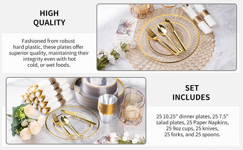 Goodluck 350PCS Gold Disposable Plates Set with Elegant Dinner Dessert Plates Napkins & Gold Cutlery Perfect for Weddings Christmas Birthday Parties & Baby Showers Safe BPA-Free Plastic Sturdy Durable Tableware for Special Events