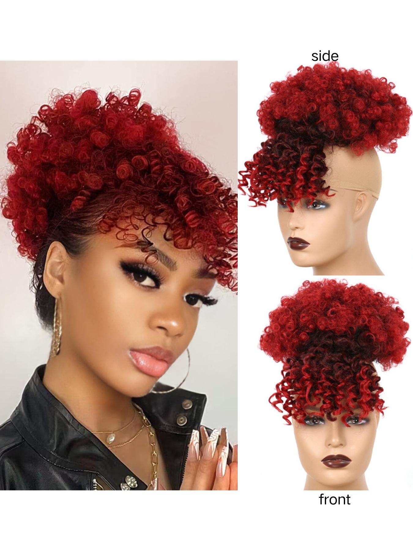 Women Drawstring Hair Bag, African Loose Curl Ponytail Extension, Bangs Flower Braid Style, High Crown Heat Resistant Fiber Wig Piece