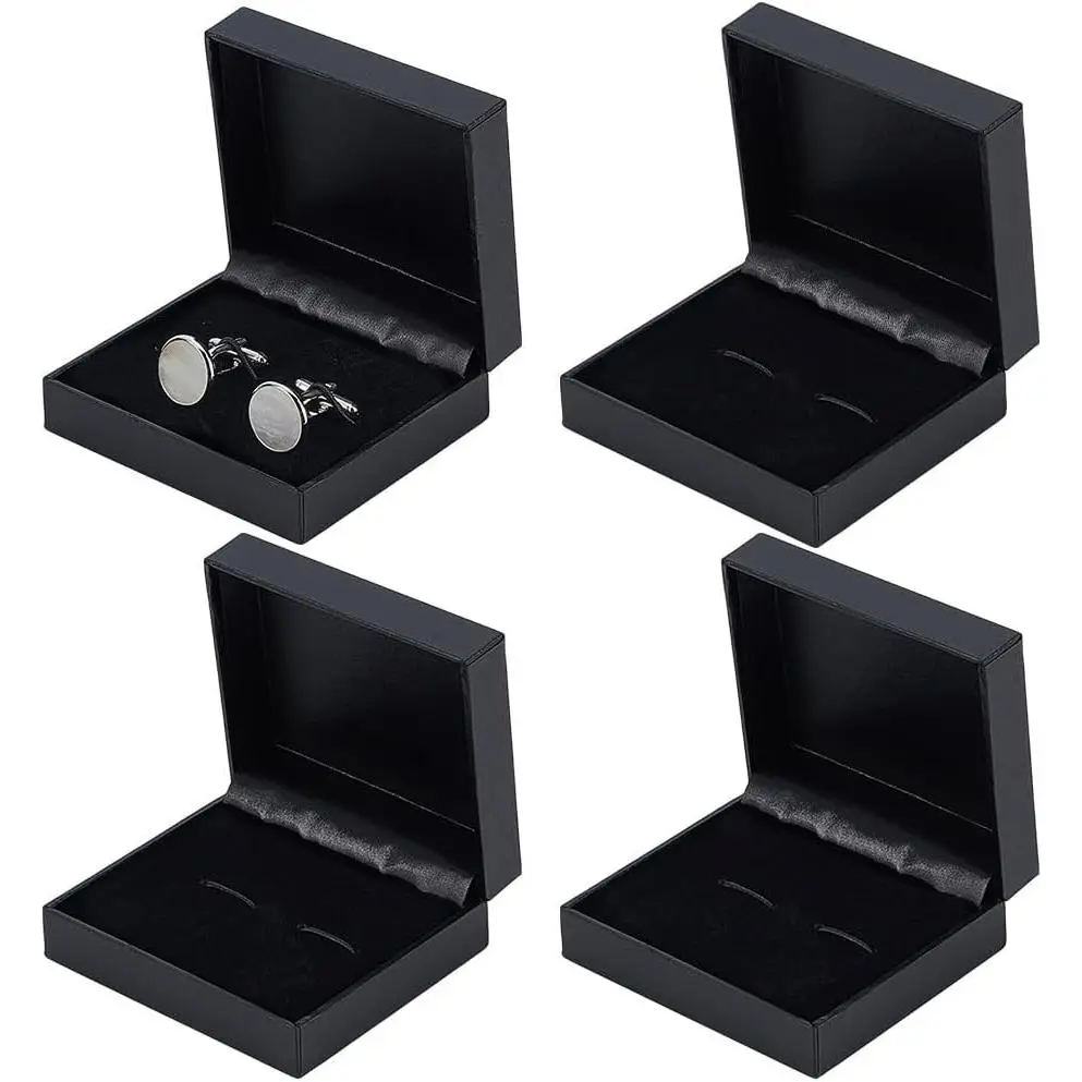4PCS PU Leather Small Cufflink Gift Box, Stylish Cufflink Jewelry Gift Box Rectangle Black Jewelry Display Storage Case for Men Father's Day Wedding Birthday Anniversary, 2.7x3x1.2inch