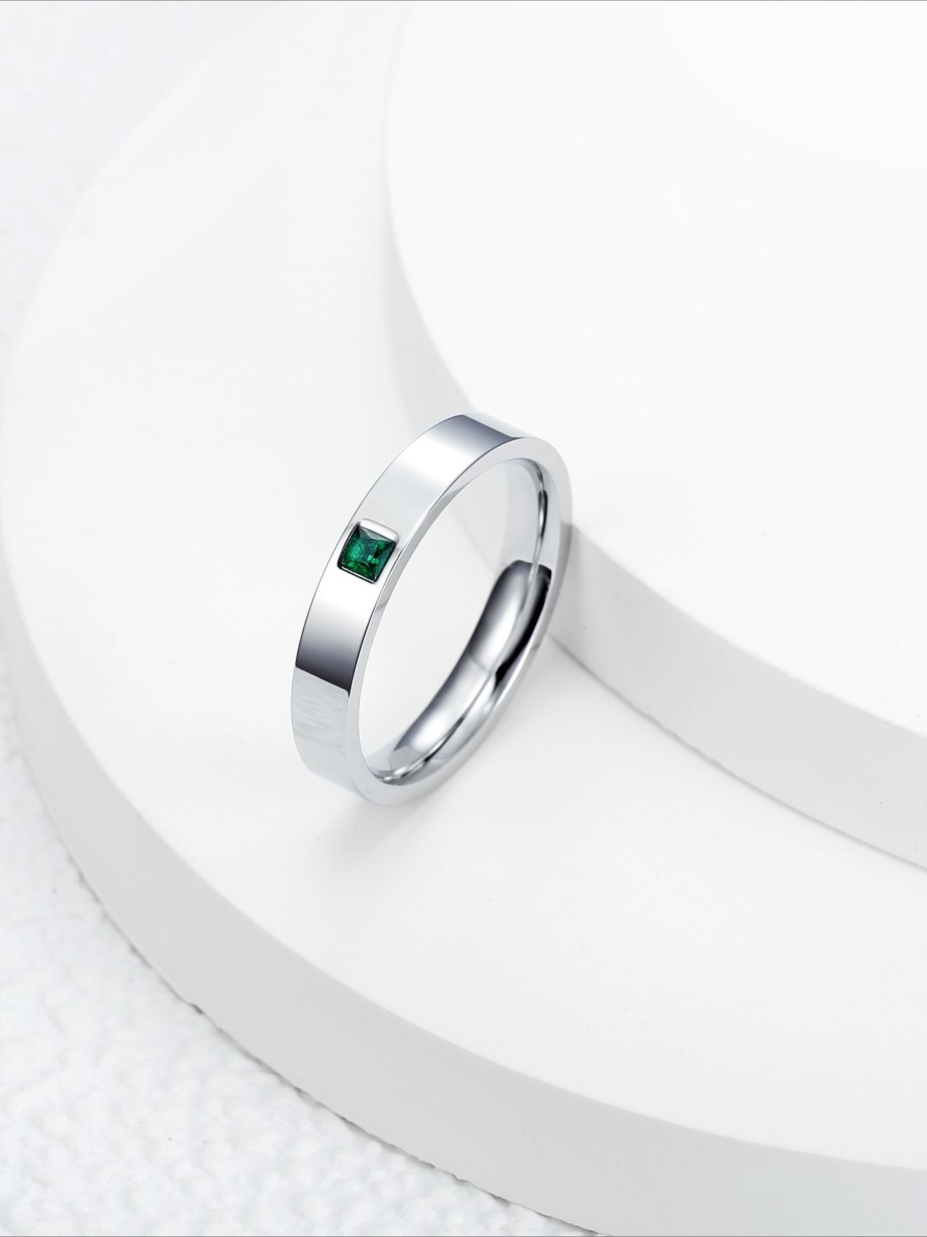 Light Luxury Stainless Steel Green Zircon Couple Ring Minimalist Flat Plain Ring Stainless Steel Non Fading Couple Anniversary Gift