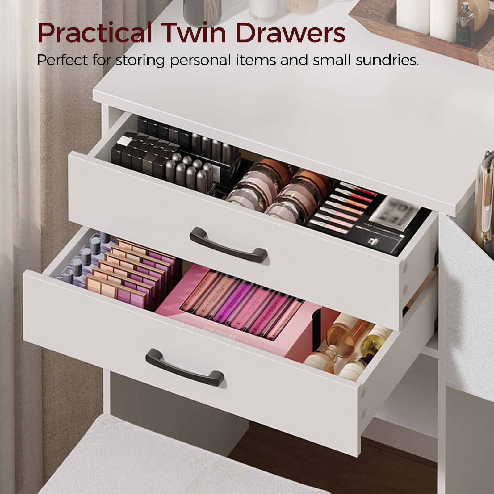 MAHANCRIS Vanity Desk Set with Adjustable Lighted Mirror, Storage Stool, Drawers, and Storage Side Bag, for Bedroom, Small Space, White MAHANCRIS Vanity Desk Set with Adjustable Lighted Mirror, Storage Stool, Drawers, and Storage Side Bag, for Bedroom, Small Space, White