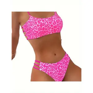 1 set of Women's fashion leopard print bikini suit, sexy high-stretch knitted two-piece swimsuit, beach suit