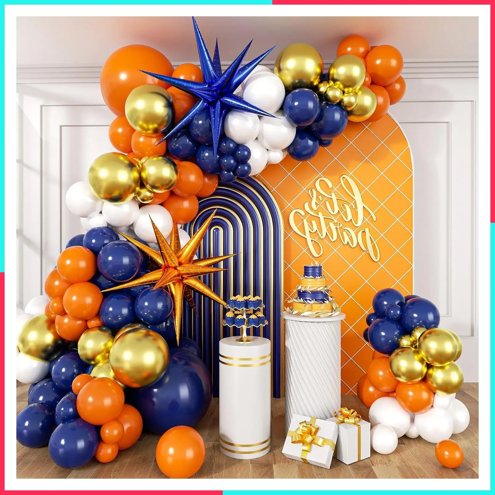 132pcs Blue and Orange Balloon Arch Kit with Blue, Orange, White and Gold Balloons