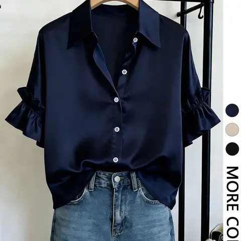 Women's Satin Ruffle Sleeve Shirt, Notched Collar Single Button Short Sleeve, Smooth Lightweight, Elegant Commuter Style