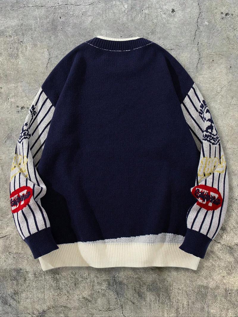 Men's Autumn Winter Casual Loose Fit Knit Sweater, Small Dinosaur Baseball Pattern, Vintage Street Style Long Sleeve Round Neck Top, Sweater Pullover