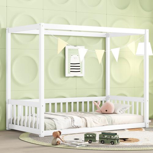 [Bellemave]TwinSize Canopy Frame Floor Bed with Fence, Guardrails