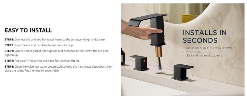 FORIOUS Bathroom Faucets 3 Hole Black Gold Brushed Nickel - 8 Inch Widespread Bathroom Sink Faucet Waterfall Spout with Pop Up Drain and Water Supply, Suitable for Vanity RV Commercial Lavatory Restroom