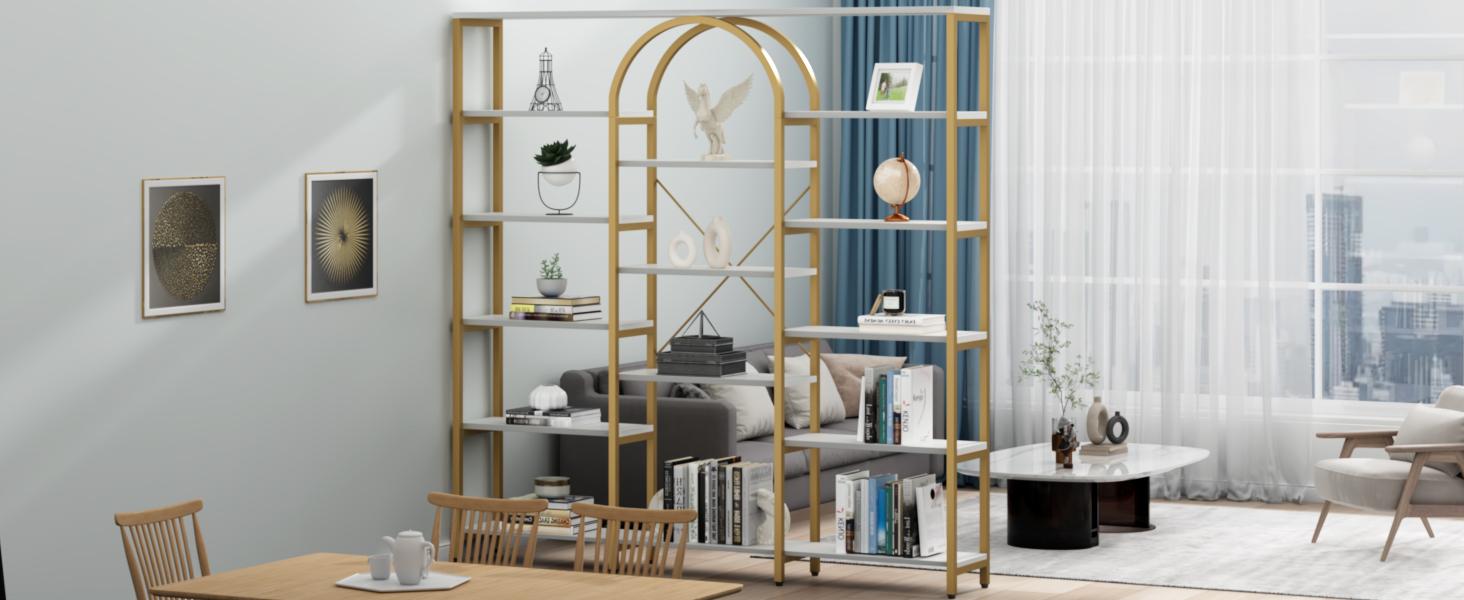 Triple Wide Gold Bookshelf, 70.87" W x 71.34" H Large Modern Etagere Bookcase, Tall Display Shelf with 13-Tier Open Shelves, Freestanding Staggered Storage Shelf for Home, White/Gold