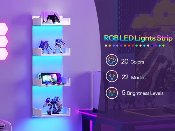 HOOBRO Floating Wall Shelves with LED Lights, 4-Tier Floating Shelf Wall Mounted for Storage, Vertical Display Stand, Modern Column Rack, for Bedroom, Living Room, Hallway, White Decor Organizing Item