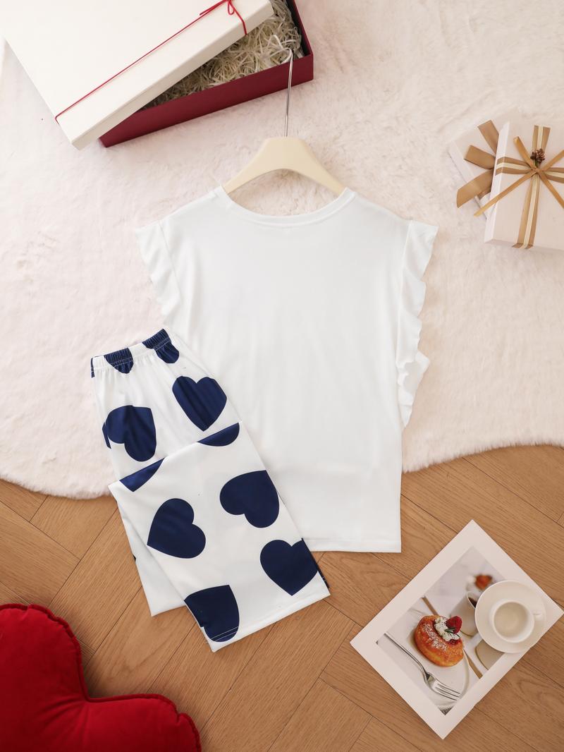 Two-Piece Set Women's Heart Print Round Neck Ruffled Sleeve Tee & Elastic Waist Pants Pajama Set, Regular Fit Casual Comfy Crew Neck Top & Trousers PJ Set, Ladies Summer Sleepwear