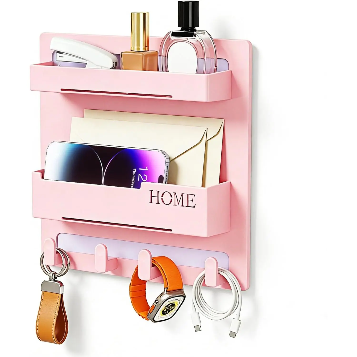 Floating Bedside Shelf for Bedroom, White Self-Stick Wall Organizer with 2 Storage Compartments and 4 Hooks for Phone, Glasses and Accessories