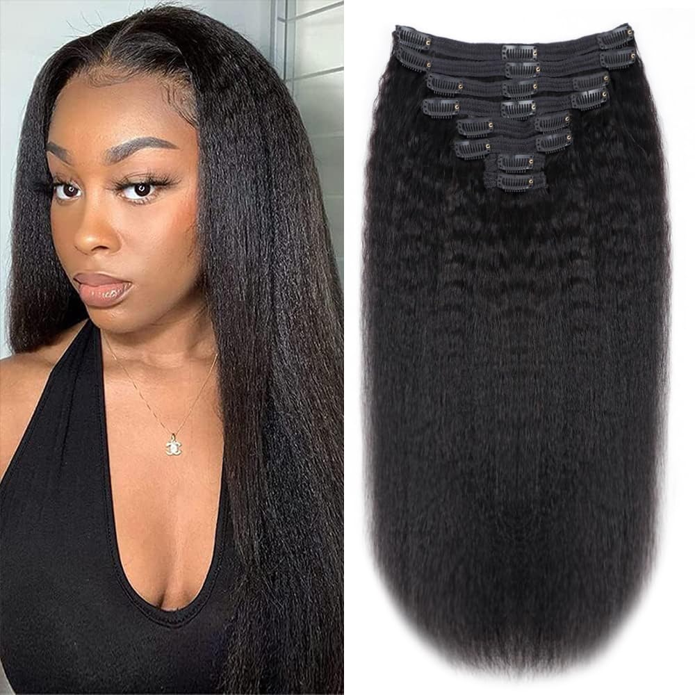 Kinky Straight Clip ins 8Pcs 120g Clip in Hair Extensions Real Human Hair Yaki Straight Clipins for Black Women Full Head Brazilian Remy Hair Extensions Double Weft 20 Clips