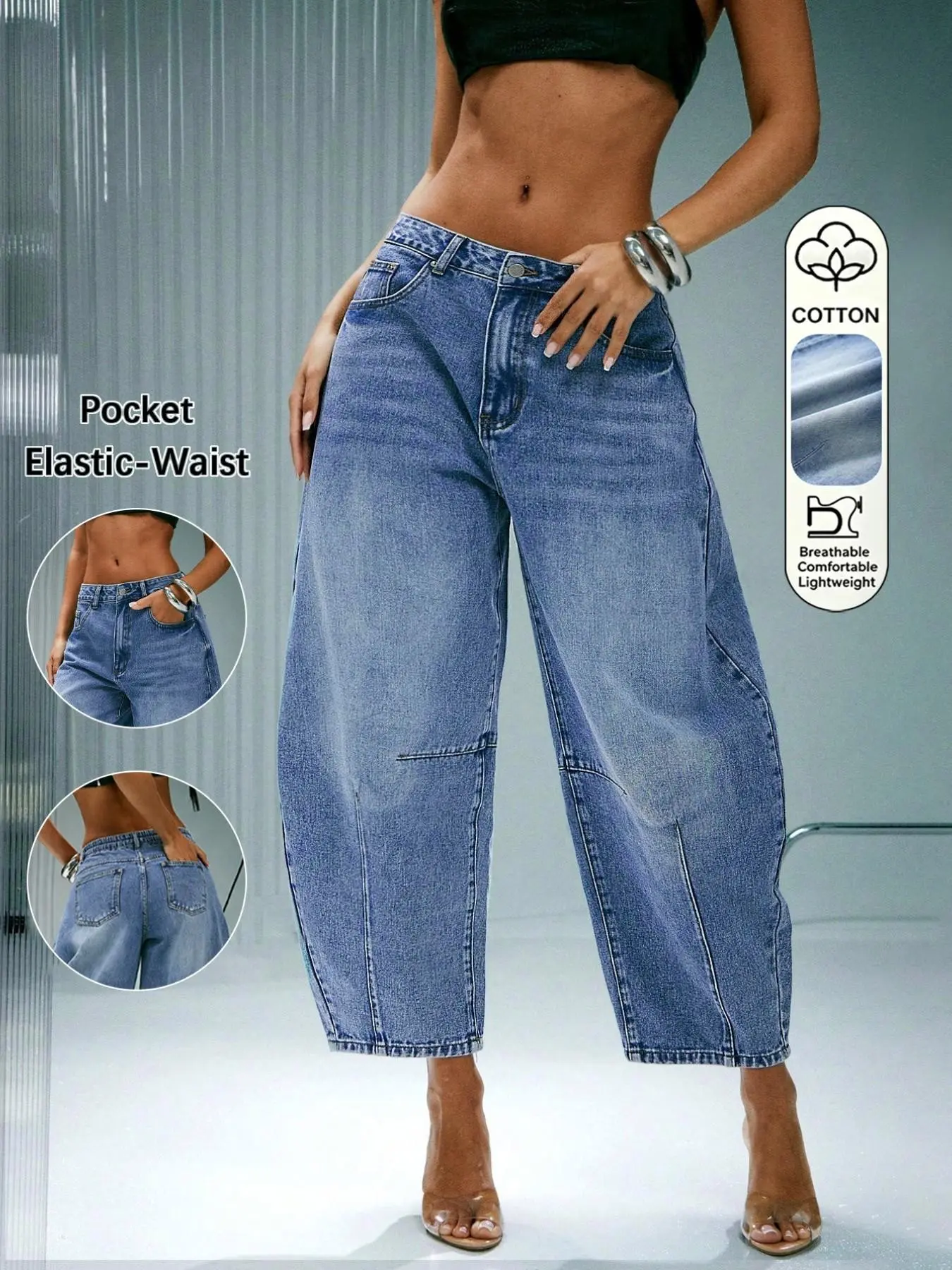 Women's Bucket Leg Washed Denim Jeans, Mid Waist Button Fly Capri Pants, Fall Fashion Loose Fit, Ankle Length with Pockets