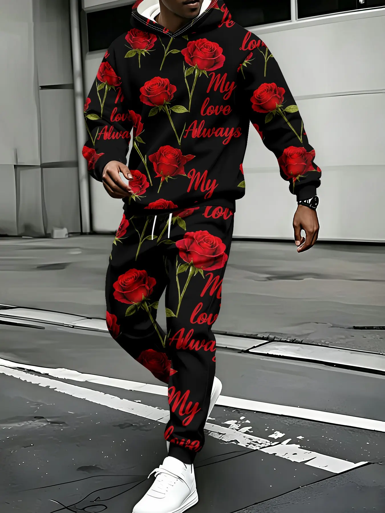 Men's two‑piece set consisting of a long‑sleeved hoodie with digital‑printed romantic red roses and drawstring casual trousers. The flat digital print features no concave‑convex texture, making this an all‑match, hassle‑free daily‑wear casual outfit.