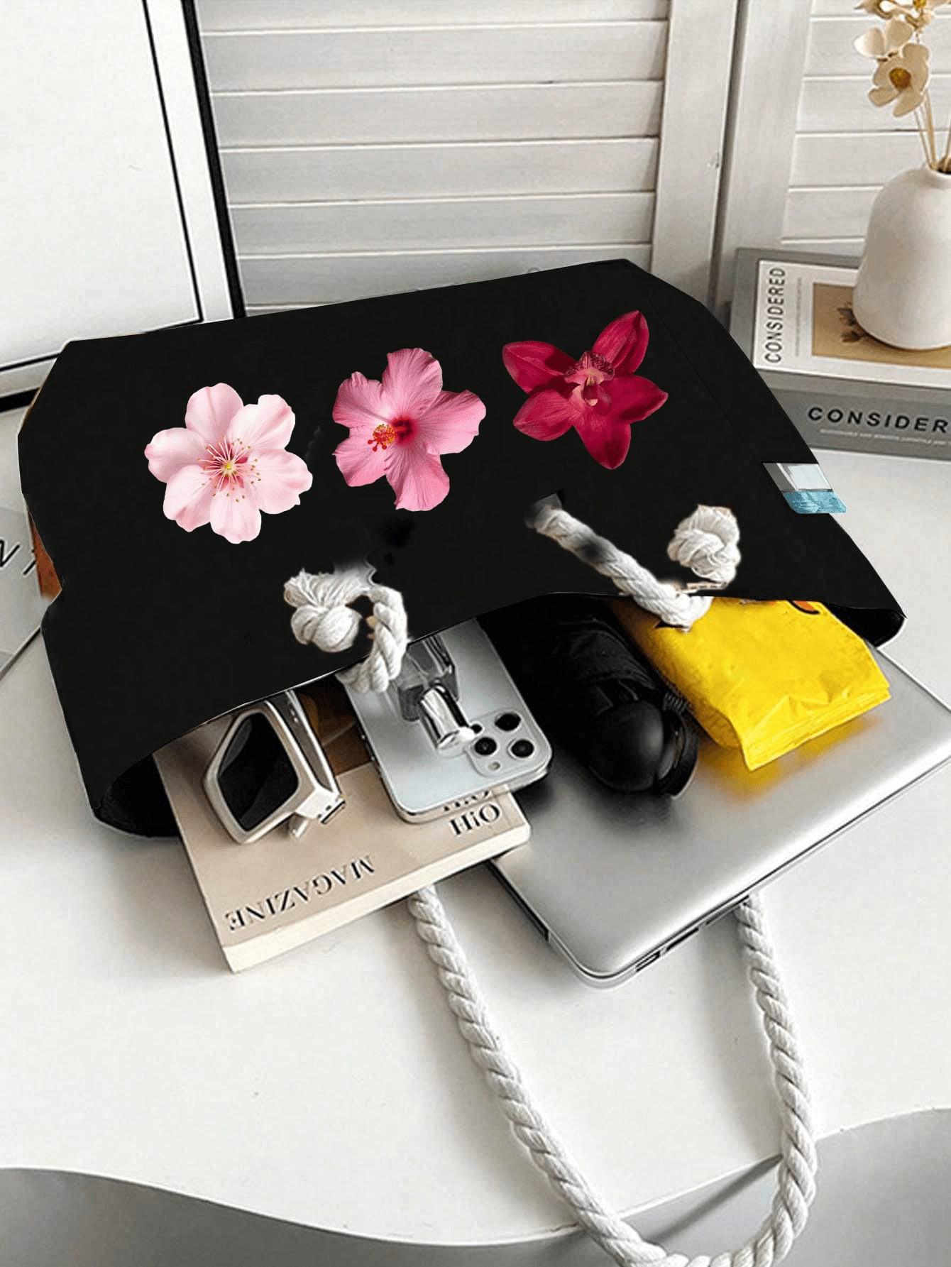 Sunflower, hibiscus, tropical flowers, egg flower handbag set - large capacity shoulder bag with side pockets and matching small storage bag, can be used as a travel handbag