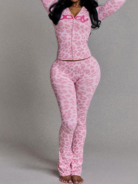 Women's Fall Sporty Hooded Long Sleeve Slim Fit Pants Set, Casual Two-Piece for Ladies, Animal Pattern Sportswear