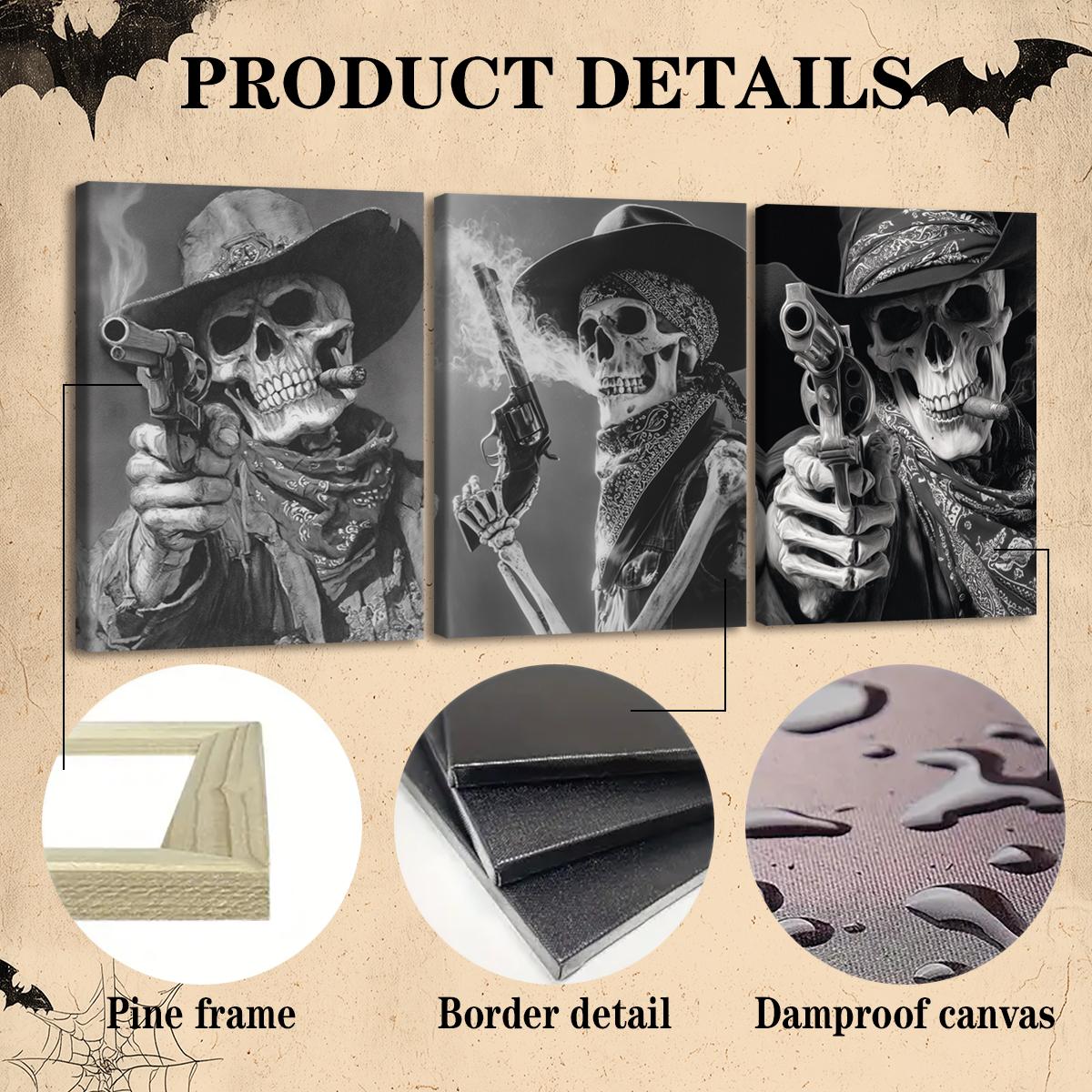 3 Counts Wooden Framed Canvas, Smoking Skull Poster, Retro Halloween ...