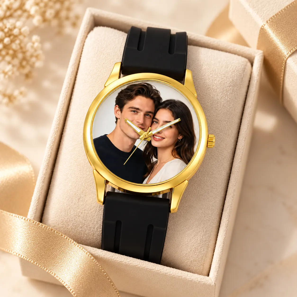 Personalized Photo Watch for Women, Custom Couple Picture Wristwatch with Gold Case & Black Strap, Romantic Anniversary Birthday Gift for Her