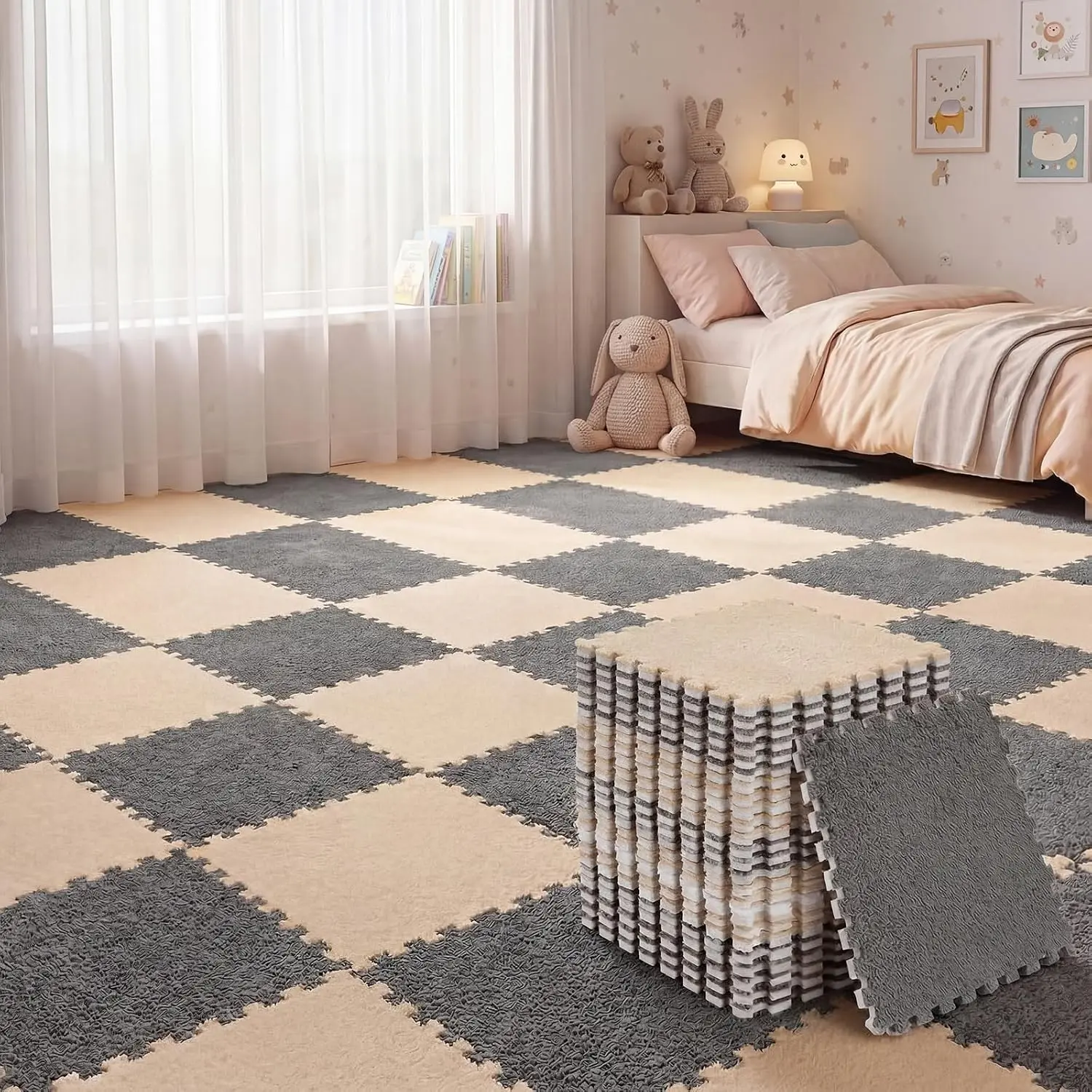 32 count Plush  Interlocking Floor Mat Climbing Area Rugs 11.8 x 11.8 Inch Square Soft  Tiles with Border Play Mat Flooring Tiles for  Playroom Decoration (Khaki, Gray)
