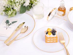 Gold/SilverDisposable Plates and Silverware Set: Dinner Plates,Dessert Plates, Cups,Napkins,Knife, forks, spoons 70 of each.-Perfect for Party