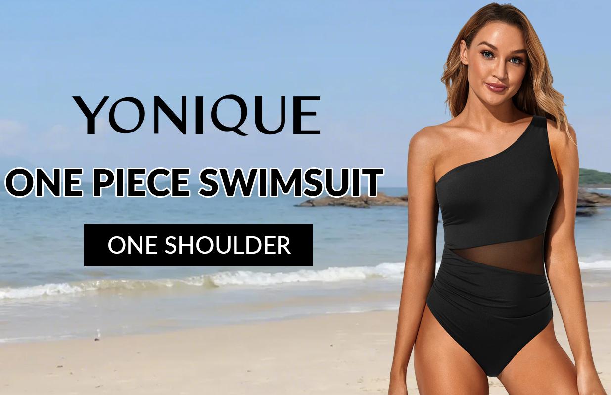 Yonique Women One Piece One Shoulder Swimsuit Tummy Control Bathing Suit Mesh Swimwear