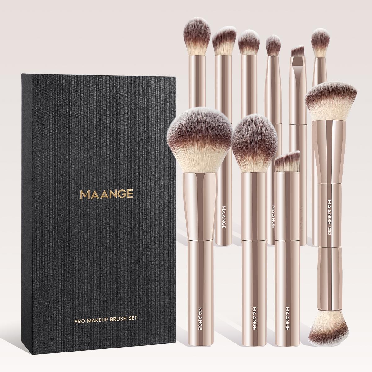 Maange 10/20-Piece Aluminum Makeup Brush Set, Includes Foundation, Powder, Blush, Eyeshadow, Concealer, Highlighter, Sponge, Storage Box