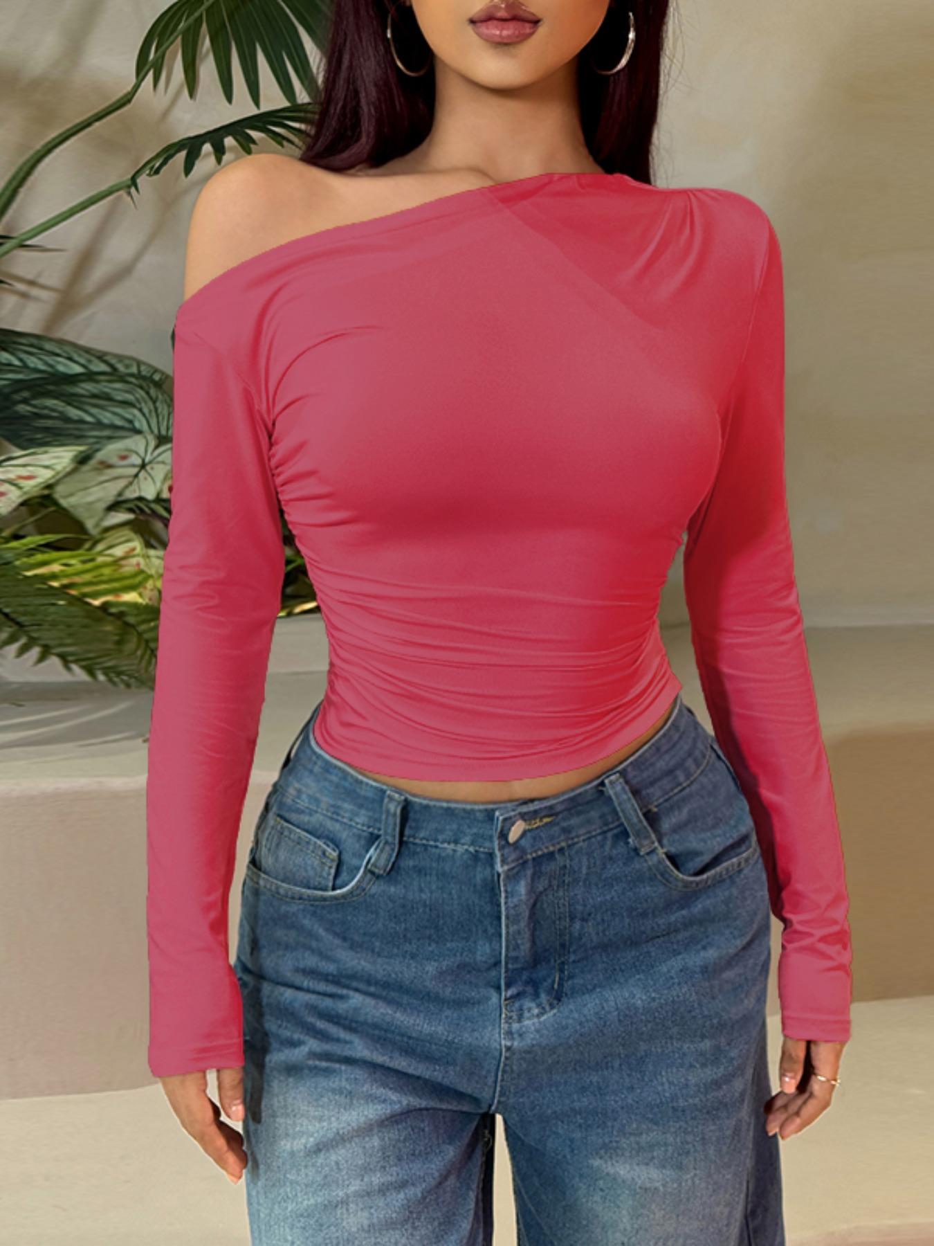 Women's Asymmetrical Neck Long Sleeve Top, Slim Fit Casual Blouse, Elegant Fashion Shirt for Daily Wear, Ladies' Stylish Clothing