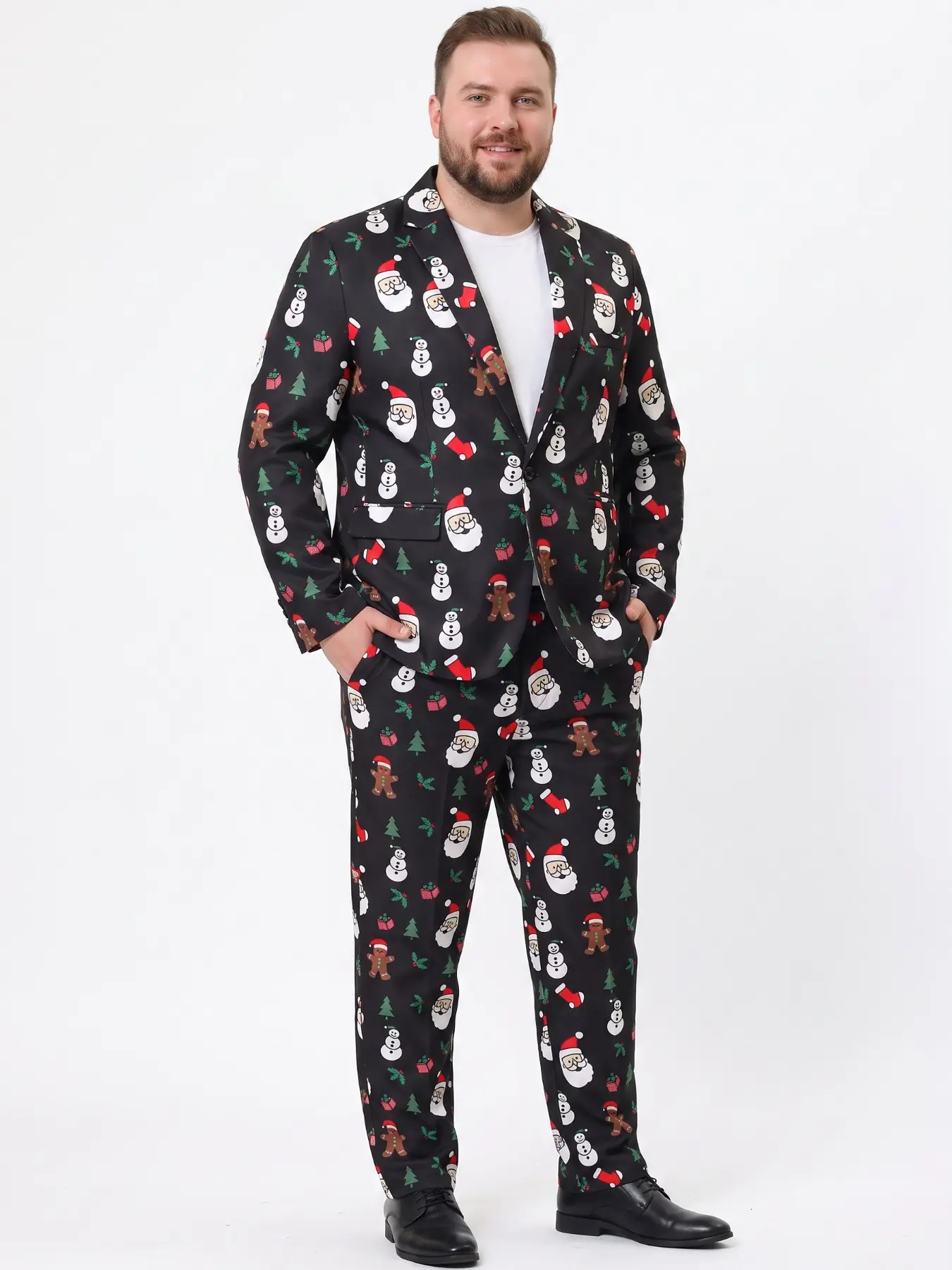 Plus-Size Men's Black Santa Claus Print Suit Set Christmas-Themed Party Men's Unique Suit Set