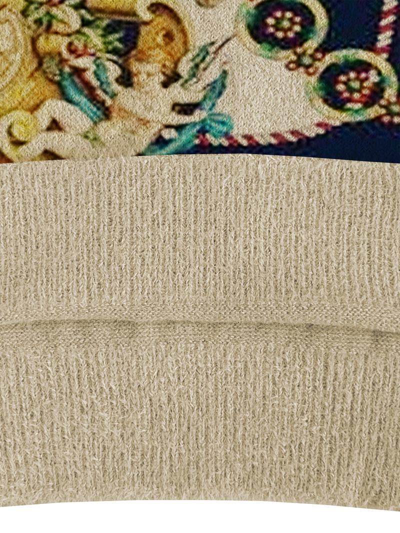 Women's Elegant Baroque Print Stand Collar Sweater, Fall Winter Casual Long Sleeve Knitwear, Comfortable Warm Top for Daily Wear