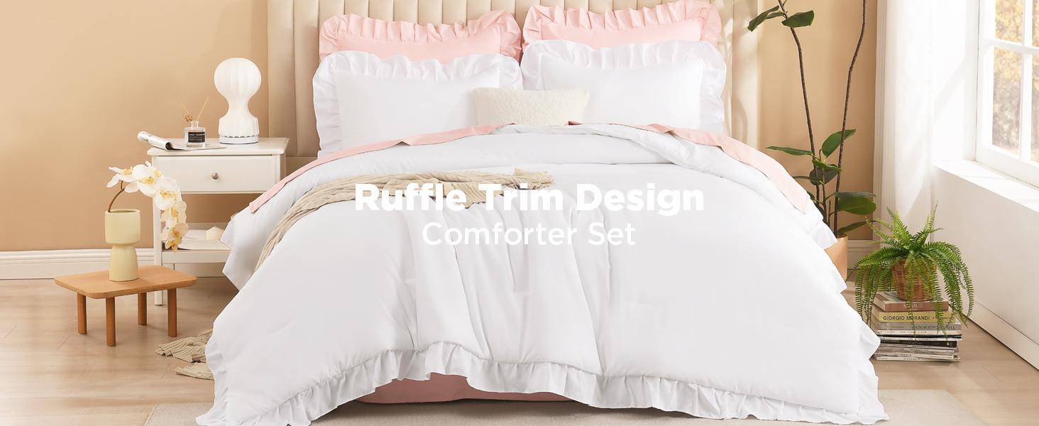 Litanika Ruffled Comforter Set 3pc - Farmhouse Aesthetic Bedding Full/Queen/King/Cal King | Soft Fluffy Microfiber