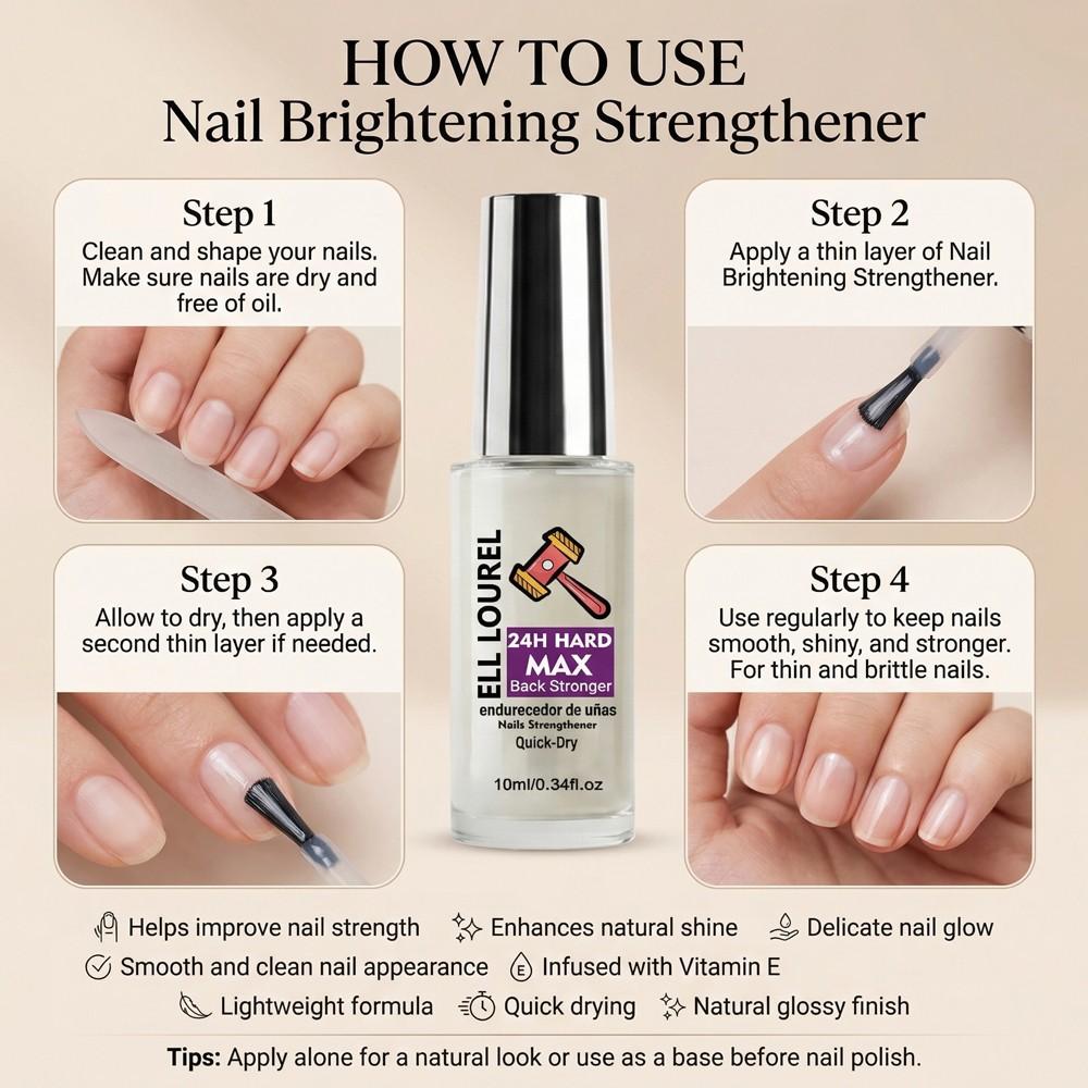 ELL LOUREL 24H HARD MAX Back Stronger Nail Strengthener, 10ml Quick-Dry Nail Hardener, Maximum Strength Formula for Long-Lasting Hardness, Prevents Breakage & Damage, 24-Hour Protection, Protective Nail Care Treatment, Salon Quality, Nail Lovers Gift