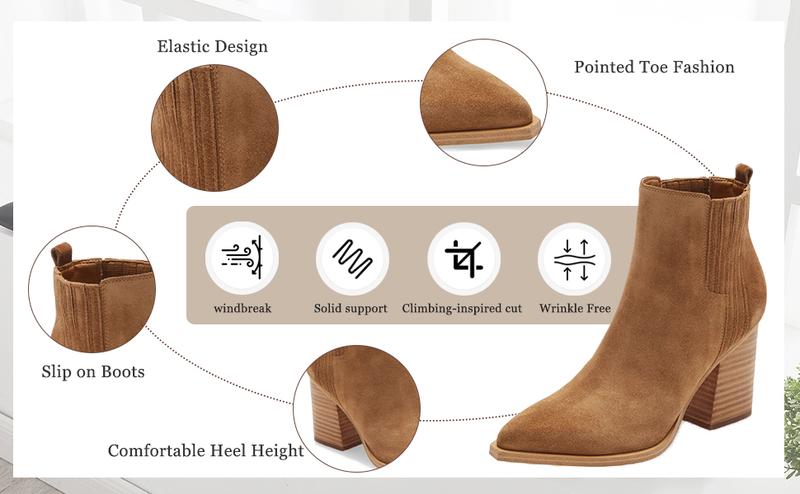 Coutgo Womens Ankle Boots Pointed Toe Chunky Stacked Mid Heeled Faux Suede Leather Booties