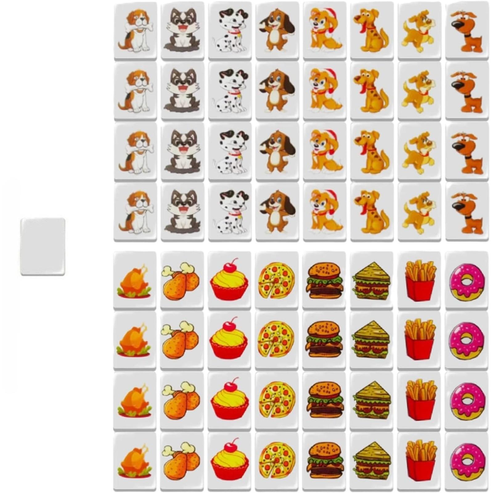 Push Tile Game Set 64 Pieces, Cute Dog and Food Pattern Mahjong Tiles, Durable Material, Perfect Gift for Family Gatherings