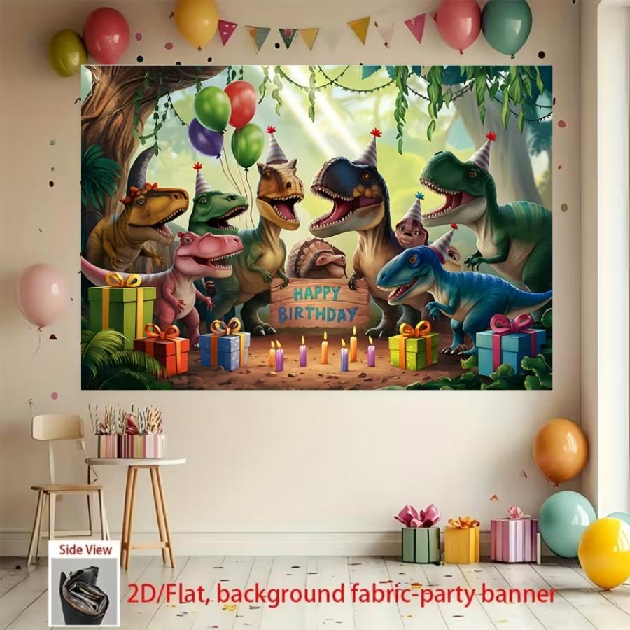 Dinosaur birthday party background banner with cartoon dinosaurs, balloons, and gifts, decorated with polyester material background cloth, suitable for photo booths, parties, birthdays, celebrations, and indoor and outdoor home birthday party decoration