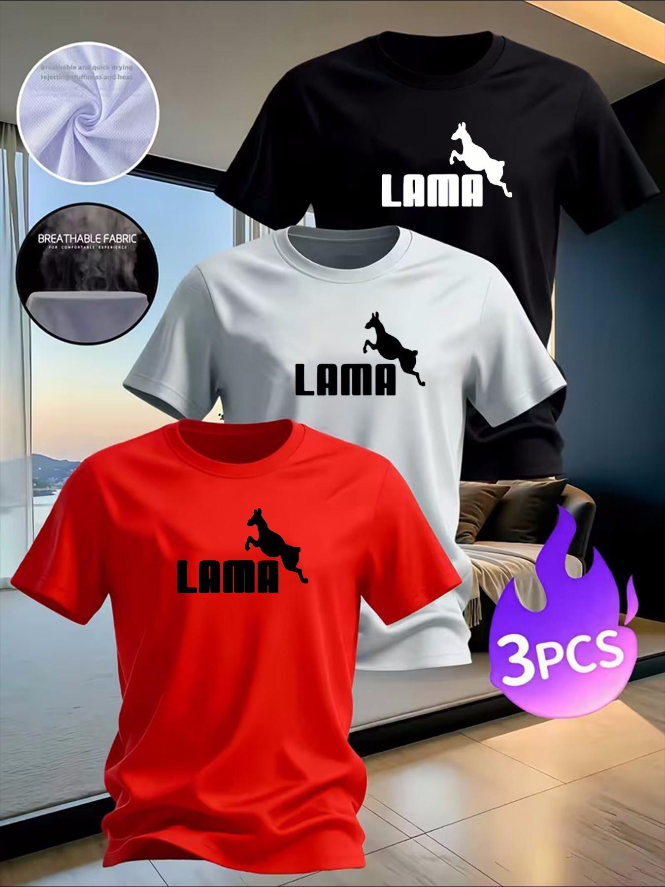 3-Pack Men's "LAMA" Animal Graphic T-Shirts - Casual Breathable Quick-Dry Tees for Daily & Streetwear