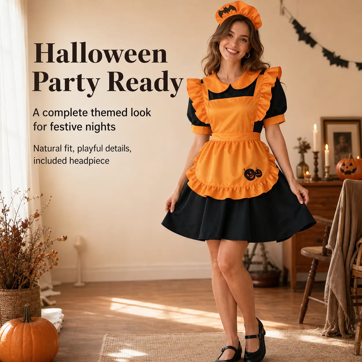 Women Halloween Pumpkin Maid Costume Black Orange Ruffle Apron Dress with Bat Headband Anime Cosplay Outfit