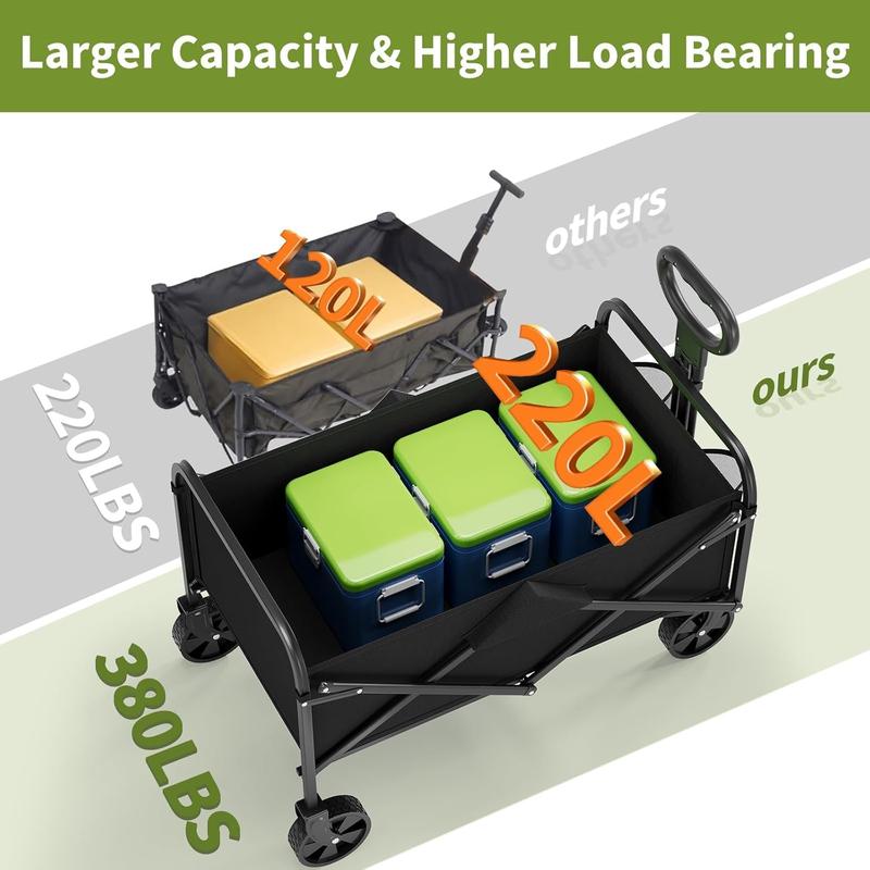 Foldable GarveeLife Multi-Purpose Trolley with All-Terrain Wheels, Drink Holders and Adjustable Grip, 172 kg, Portable Food Trolley for Shopping, Camping, Garden, Car Travel Accessories Black