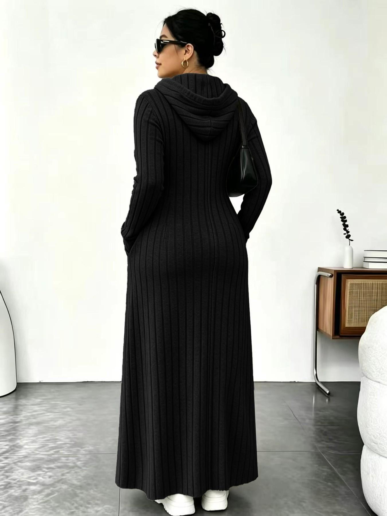 Plus Size Women's Long Knit Dress, 11 Colors Available, Slim Fit with Pockets, Micro Plus Size Slimming Hooded Top, Long Sleeve Base Layer