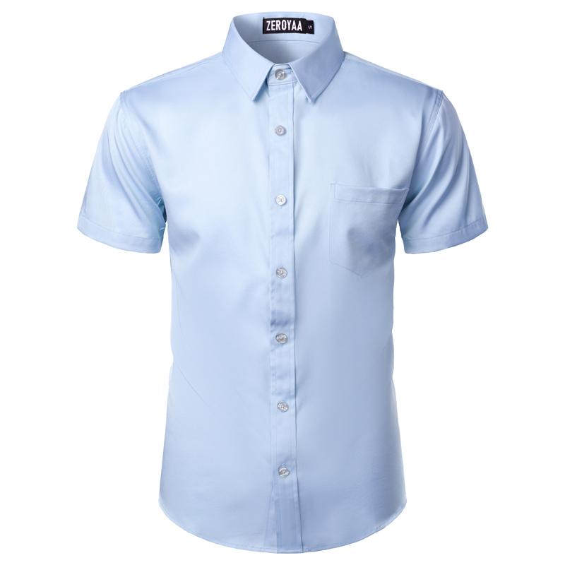 ZEROYAA Men's Urban Casual Stylish Slim Fit Short Sleeve Button Up Dress Shirt with Pocket Top Fabric summer outfits men Menswear Beige summer outfits men button shirt Plain Purple