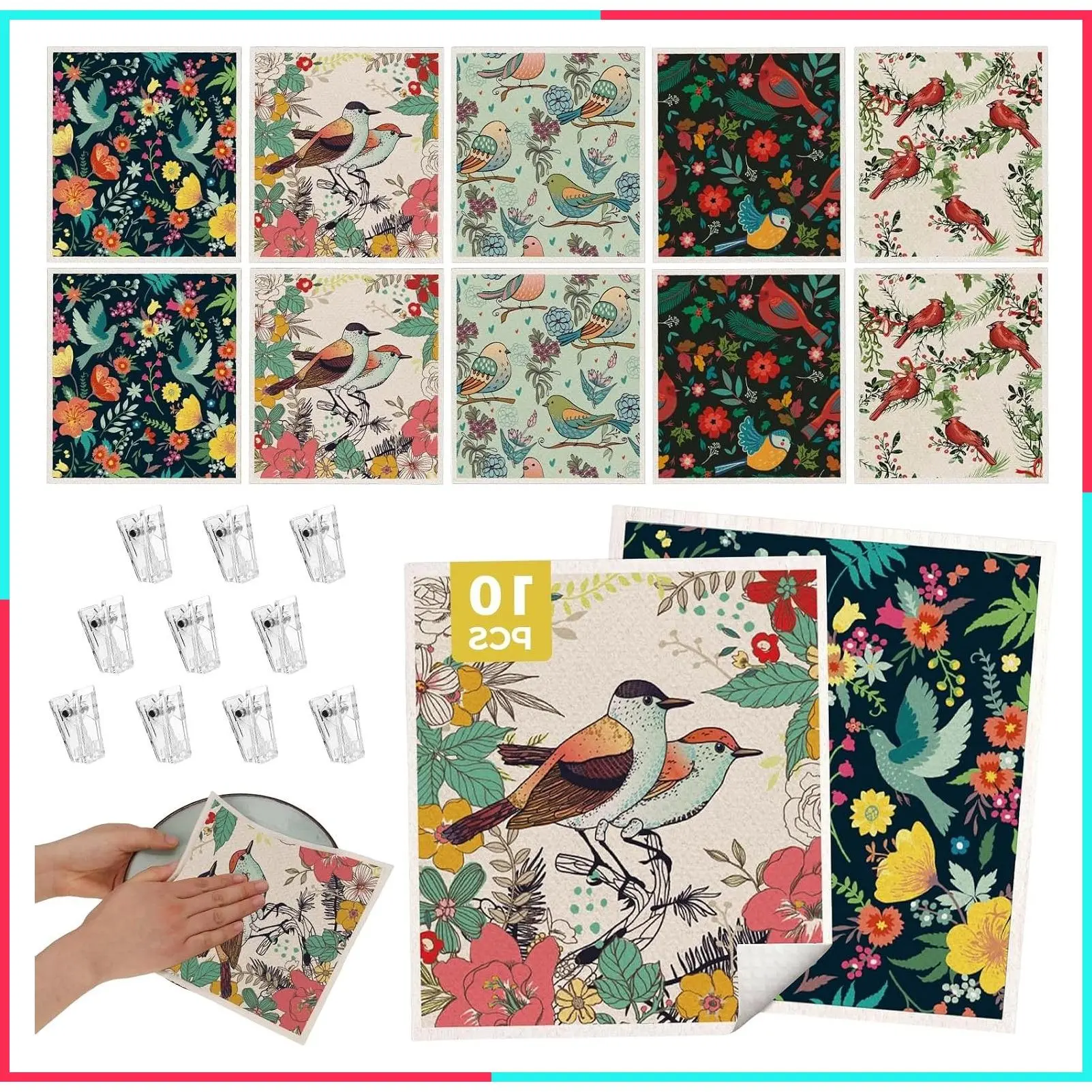 10 Pack Swedish Dishcloths, Reusable Kitchen Towels, Birds Flowers