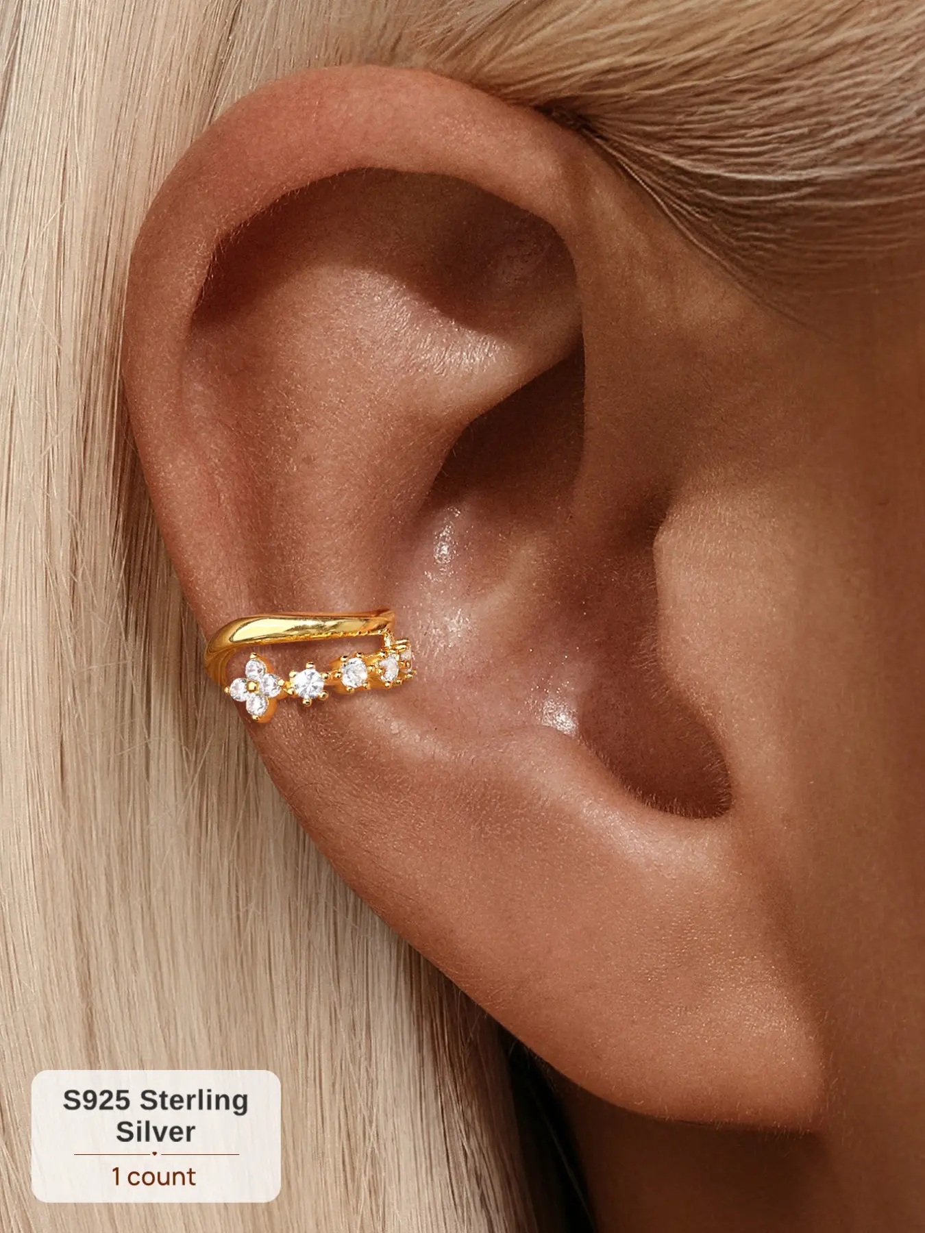 (Single Piece) Gold-Plated S925 Sterling Silver Four-Petal Flower Earring Cuff, Ideal for Daily Wear and Special Occasions, Earrings Jewelry