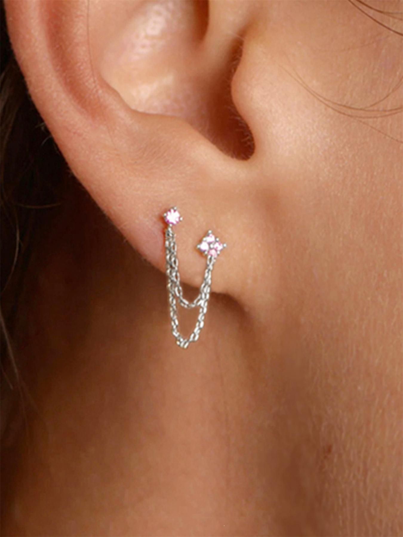 Rhinestone Decorated Double Layered Chain Dangle Earrings, Fashionable Earrings, High Quality Earrings