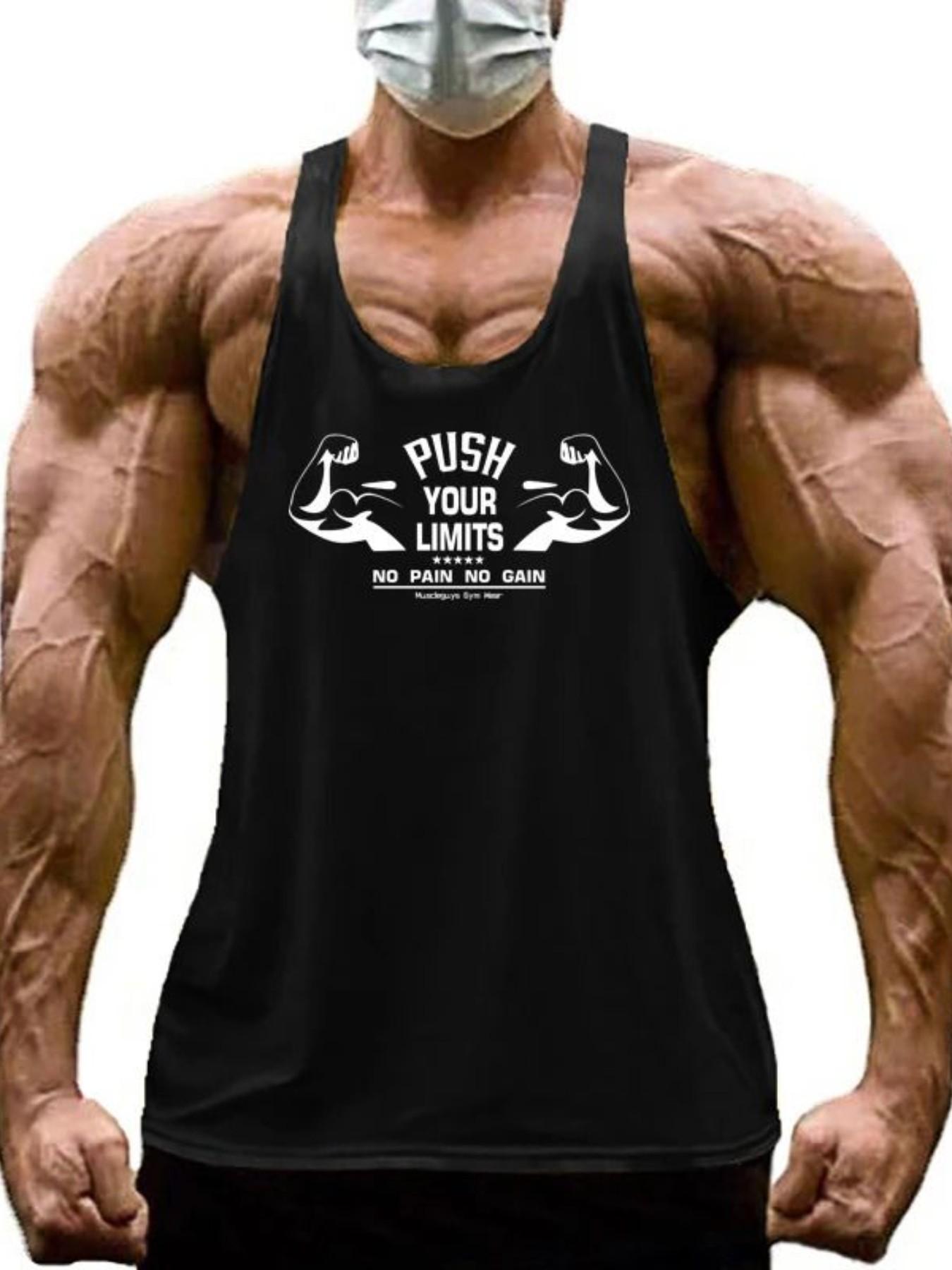 Men's Gym Push Your Limits Graphic Tank Top, Sporty Loose-Fitting Sleeveless Workout Shirt, All-Season Muscle Arm Design